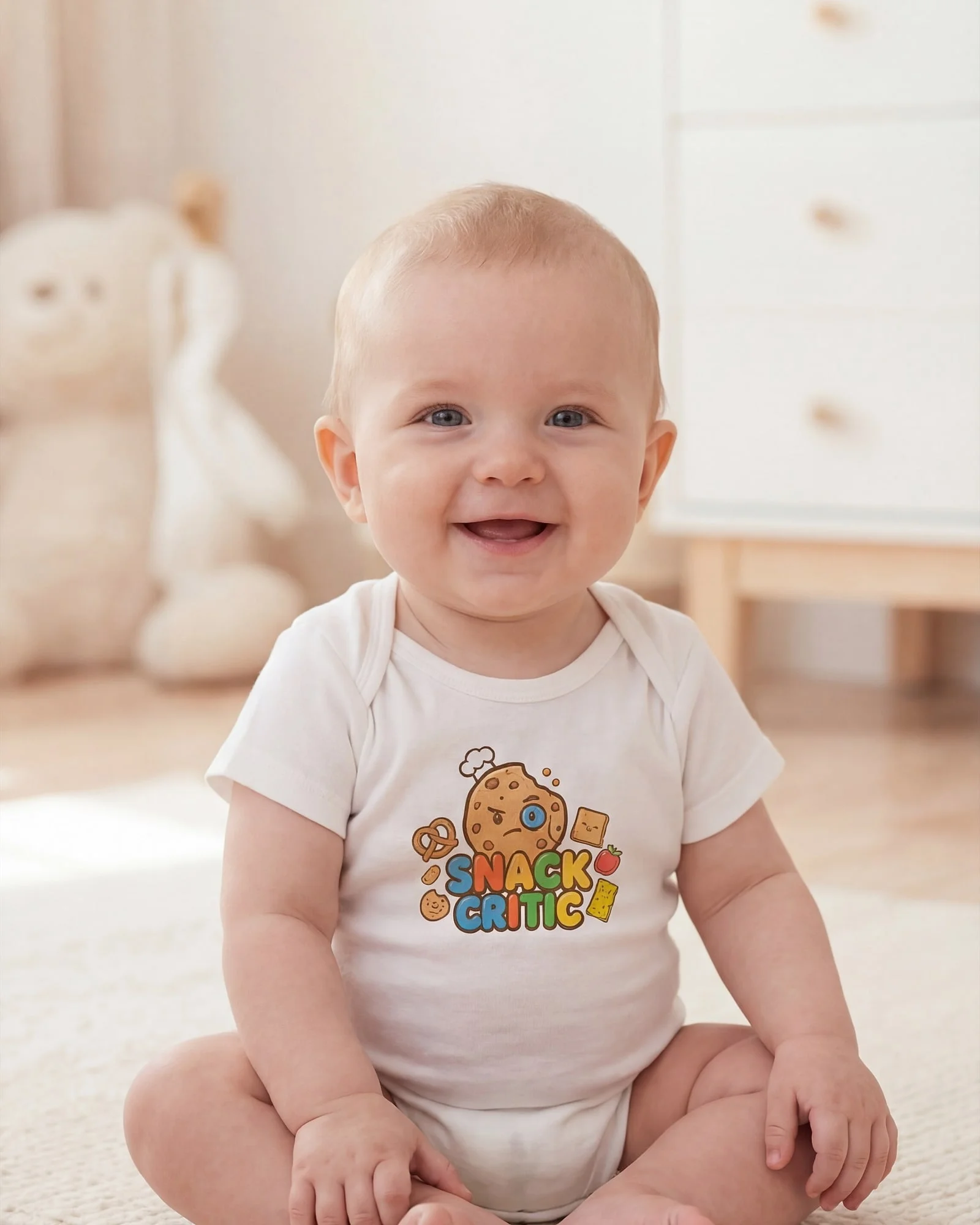 Snack Critic Onesie worn by a baby