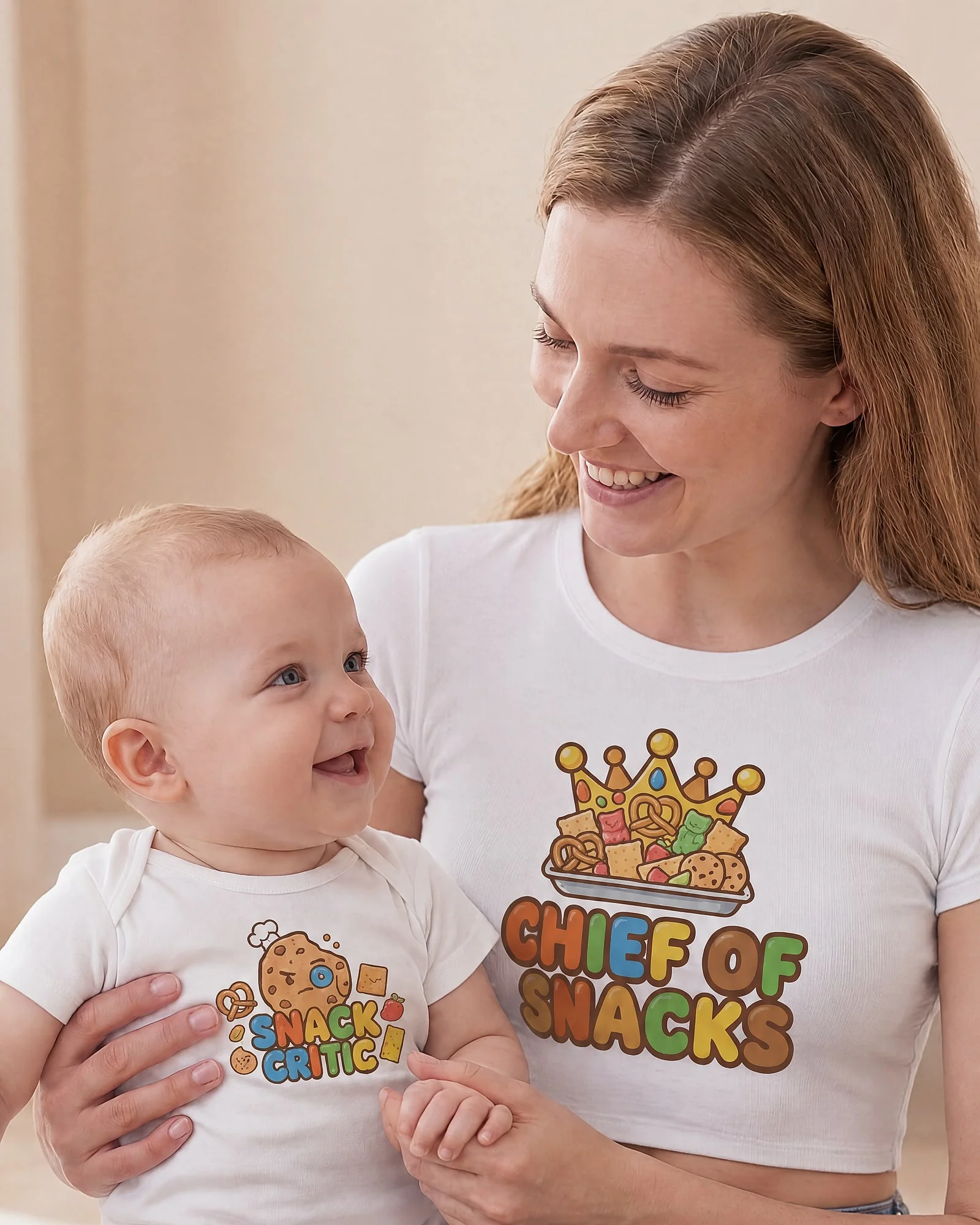 Snack Critic mom and baby, parent in the Baby Tee