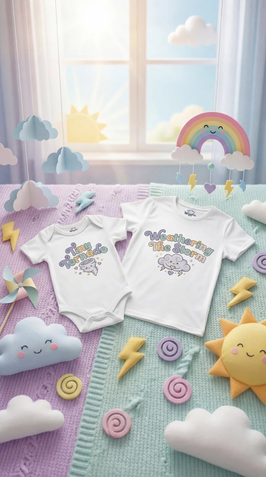 Cuddle Bug matching set laid out with baby blankets and toys